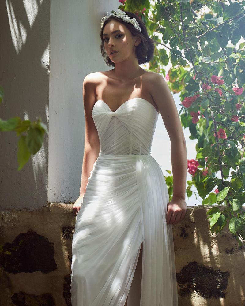 Lp2307 simple tulle wedding dress with slit and strapless sweetheart neckline3